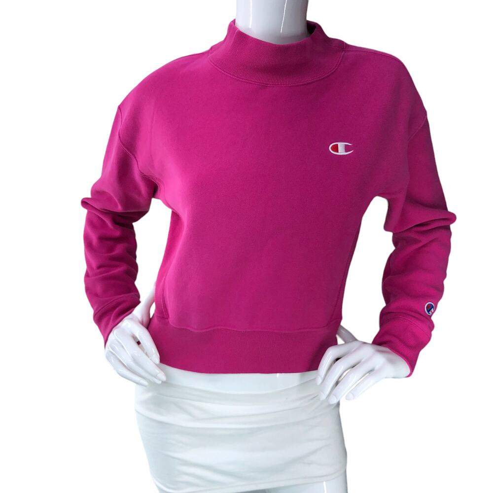 Champion Reverse Weave Womens Size S Mockneck Sweater Sweatshirt Magenta Cropped